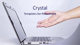  Presentation with next - Audience pleasing presentation theme consisting of hand gesture next to a laptop selective focus backdrop and a sky blue colored foreground