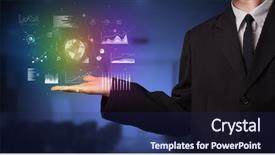  Presentation with people hold hand around globe - PPT theme featuring hand global charts international business background and a navy blue colored foreground