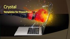  Presentation with laptop screen frame - Presentation design with aggression fire - firing hand hitting strongly laptop background and a tawny brown colored foreground