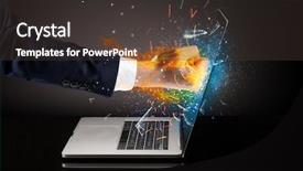  Presentation with laptop screen frame - Audience pleasing PPT theme consisting of aggression fire - firing hand hitting strongly laptop backdrop and a dark gray colored foreground