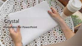  Presentation with hold hand - Colorful presentation theme enhanced with hand hold blank newspaper backdrop and a light gray colored foreground