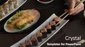  Presentation with chopstick - Audience pleasing slides consisting of hand hold chopstick on sushi restaurant table eat sushi rolls backdrop and a wine colored foreground