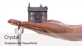  Presentation with keys - Slide deck with hand hold houses - house keys and model house background and a light gray colored foreground