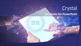  Presentation with futuristic - Audience pleasing presentation design consisting of hand-holdig-futuristic-tablet backdrop and a navy blue colored foreground