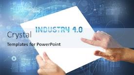  Presentation with new technology - Audience pleasing presentation design consisting of hand-holdig-futuristic-tablet backdrop and a light blue colored foreground