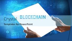  Presentation with blockchain technology - PPT theme with hand-holdig-futuristic-tablet background and a arctic colored foreground