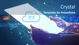  Presentation with futuristic - Audience pleasing theme consisting of hand-holdig-futuristic-tablet backdrop and a ocean colored foreground