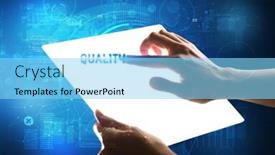  Presentation with new technology - PPT theme consisting of hand-holdig-futuristic-tablet background and a light blue colored foreground