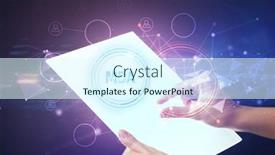  Presentation with futuristic - Cool new presentation theme with hand-holdig-futuristic-tablet backdrop and a sky blue colored foreground