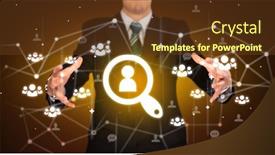  Presentation with networking - PPT layouts featuring hand-holdig-lookup-icon-around background and a tawny brown colored foreground