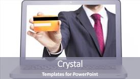  Presentation with business laptop globe satellite - Cool new presentation theme with hand holding a credit card backdrop and a gray colored foreground