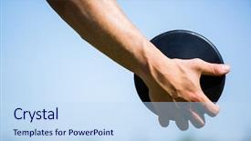  Presentation with discus throw - Audience pleasing slides consisting of hand holding a discus backdrop and a sky blue colored foreground