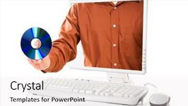  Presentation with movie screen - Amazing presentation theme having hand holding a dvd disk from inside computer's screen a concept of buying music and movie online backdrop and a sky blue colored foreground