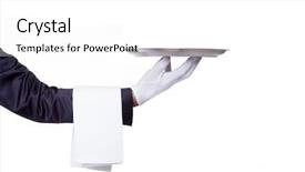  Presentation with waiter - Audience pleasing PPT layouts consisting of hand holding a empty silver backdrop and a white colored foreground