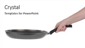  Presentation with frying - Presentation design having non stick coating - hand holding a frying pan background and a white colored foreground