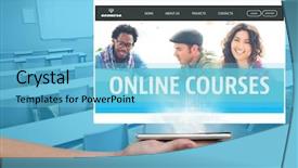  Presentation with online app - Amazing PPT layouts having digital composite of hand holding a glass tablet and an online courses app interface backdrop and a light blue colored foreground