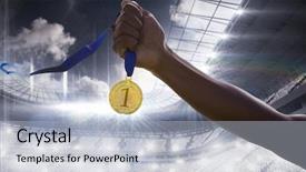 Presentation with sports arena - Presentation design featuring hand holding a gold medal background and a light blue colored foreground
