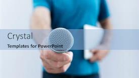  Presentation with press - Colorful PPT theme enhanced with hand-holding-a-microphone-conducting backdrop and a light blue colored foreground