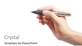  Presentation with writing pen - Amazing presentation theme having hand-holding-a-pen-writing backdrop and a white colored foreground