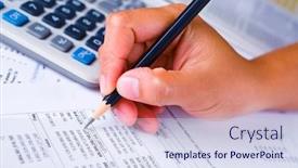  Presentation with hand holding pencil - Colorful slides enhanced with hand holding a pencil checking financial report the calculator and newspaper are in the background backdrop and a sky blue colored foreground