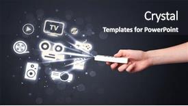  Presentation with satellite remote sensing - Amazing presentation design having hand holding a remote control backdrop and a  colored foreground