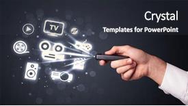  Presentation with evolution of media from prehistoric - PPT layouts with hand holding a remote control background and a  colored foreground