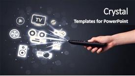  Presentation with hand holding colorful brain sketch - Slides enhanced with hand holding a remote control background and a dark gray colored foreground