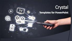  Presentation with hand holding colorful brain sketch - Cool new PPT theme with hand holding a remote control backdrop and a dark gray colored foreground