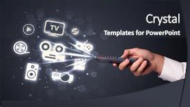  Presentation with control - PPT theme consisting of hand holding a remote control background and a  colored foreground