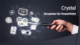  Presentation with control - Theme enhanced with hand holding a remote control background and a  colored foreground