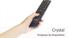  Presentation with remote - Theme consisting of hand holding a remote control isolated over a white background background and a white colored foreground