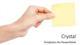  Presentation with post stick note - Slide set featuring hand holding a sticky note background and a white colored foreground