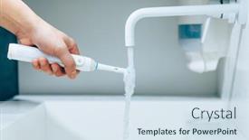  Presentation with water faucet - PPT theme consisting of hand-holding-a-toothbrush-under background and a sky blue colored foreground