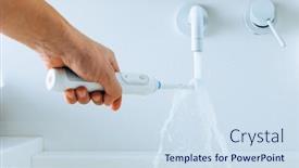  Presentation with water faucet - Beautiful PPT theme featuring hand-holding-a-toothbrush-under backdrop and a sky blue colored foreground