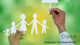  Presentation with light green - Cool new theme with hand holding an umbrella and a family in paper against green abstract light spot design backdrop and a yellow colored foreground