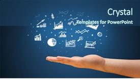  Presentation with application - Colorful slide set enhanced with hand holding application icons backdrop and a ocean colored foreground