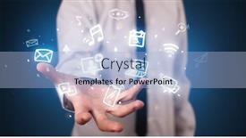  Presentation with application - Presentation theme with hand holding application icons and symbols in her hand background and a light blue colored foreground