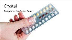  Presentation with elderly holding pills - Slide set with hand holding birth control pills background and a white colored foreground