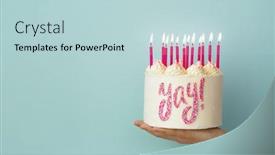  Presentation with sprinkles - Amazing PPT theme having hand-holding-birthday-cake backdrop and a lemonade colored foreground