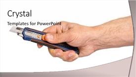  Presentation with trophy award hand holding - Colorful slide deck enhanced with hand holding blue stationery knife backdrop and a white colored foreground