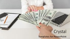  Presentation with front office - PPT layouts having hand holding cash bribe background and a mint green colored foreground