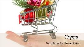  Presentation with shopping trolley - PPT theme having hand holding christmas gifts in shopping trolley isolated on white background and a lemonade colored foreground