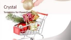  Presentation with shopping trolley - Beautiful presentation theme featuring hand holding christmas gifts in shopping trolley isolated on white backdrop and a lemonade colored foreground