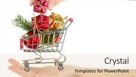  Presentation with shopping trolley - Amazing presentation theme having hand holding christmas gifts in shopping trolley isolated on white backdrop and a lemonade colored foreground