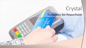  Presentation with contactless - Beautiful presentation featuring hand holding contactless credit or debit card over wireless payment terminal at shop backdrop and a white colored foreground