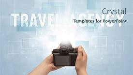  Presentation with camera - PPT theme enhanced with hand-holding-digital-camera-traveling background and a sky blue colored foreground