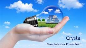  Presentation with light bulb - Cool new slide deck with hand holding eco light bulb backdrop and a sky blue colored foreground