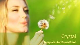  Presentation with water conservation protect nature concept - Beautiful theme featuring hand holding flowers - happy beautiful girl blowing dandelion backdrop and a  colored foreground