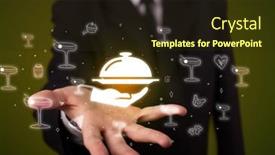  Presentation with food delivery - Audience pleasing theme consisting of hand-holding-food-service-icon backdrop and a tawny brown colored foreground