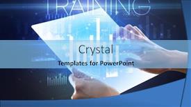  Presentation with business training - Slide deck with hand-holding-futuristic-tablet background and a light blue colored foreground